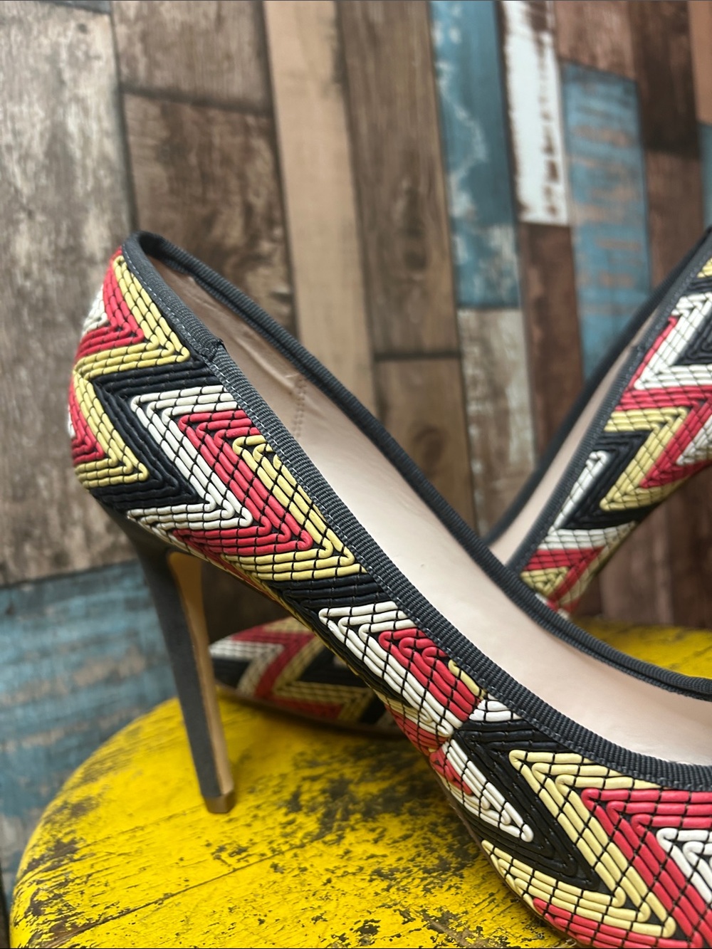 Madison Chevron Woven Pointed-Toe Stilettos in Red, Yellow, Black & White - Picture 14 of 15